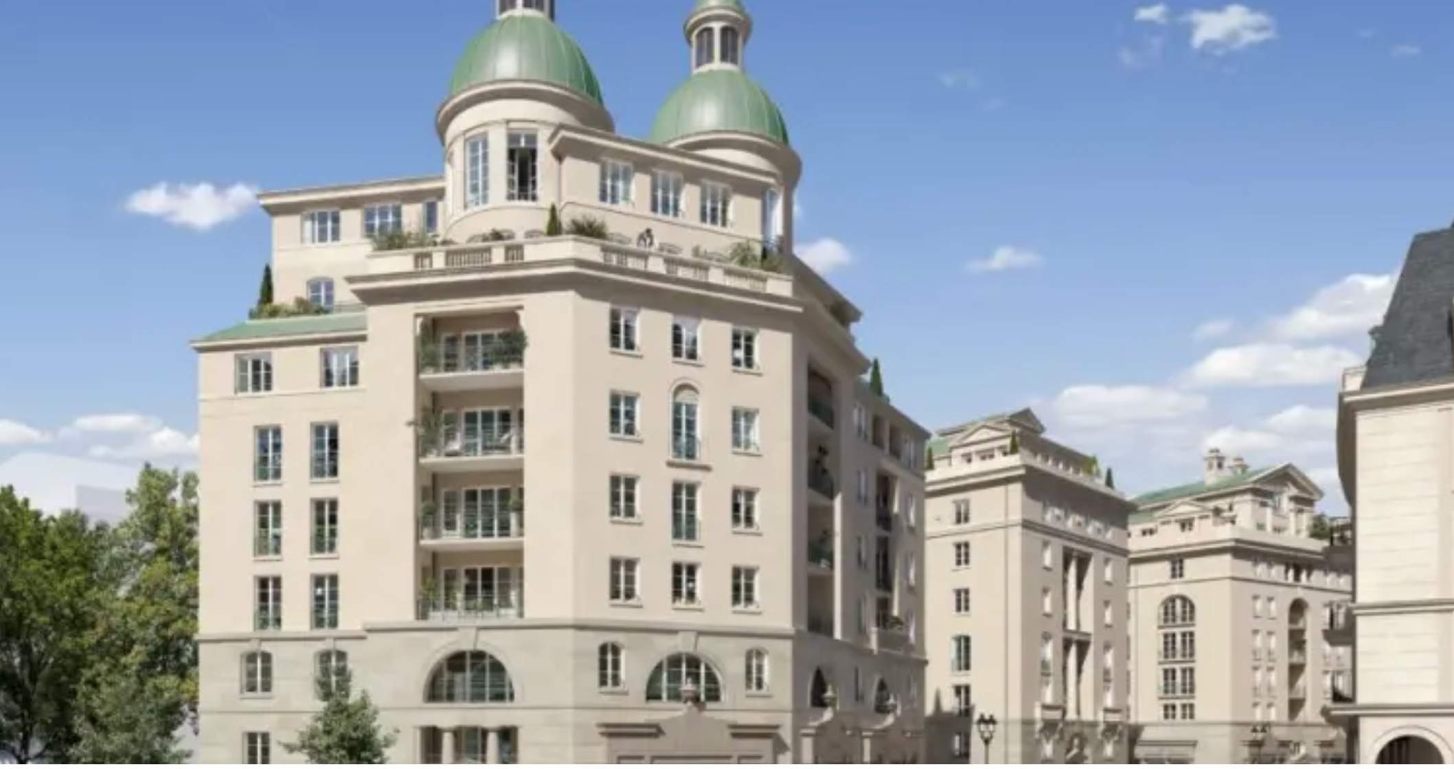 Résidence Victoria’s Village à Puteaux, architecture élégante et d’inspiration classique avec coupoles vertes au cœur de la ville.