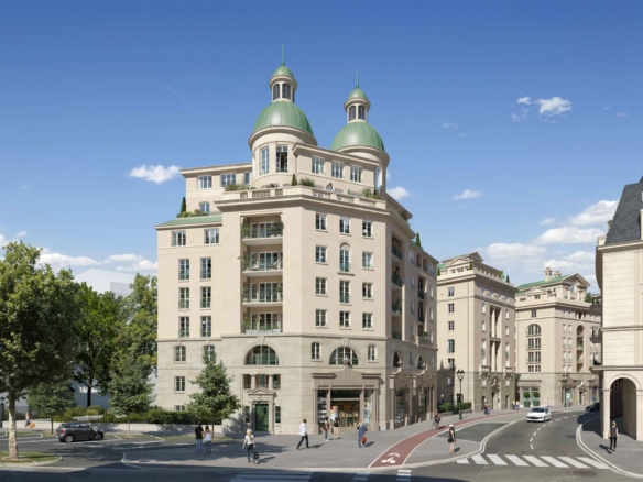 Résidence Victoria’s Village à Puteaux, architecture élégante et d’inspiration classique avec coupoles vertes au cœur de la ville.