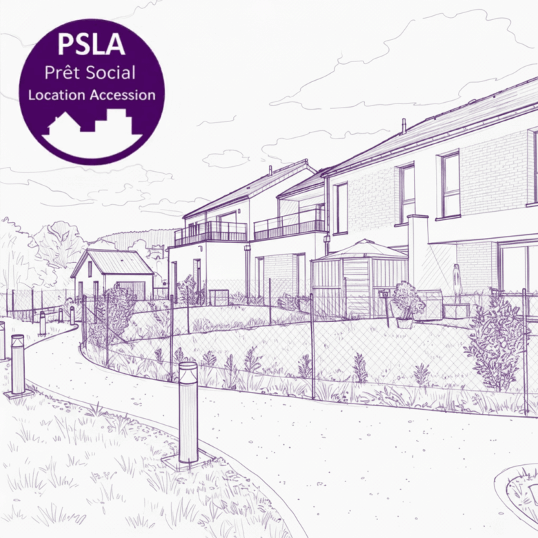 Esquisse de maisons en accession sociale à la propriété avec le pictogramme PSLA (Prêt Social Location Accession)