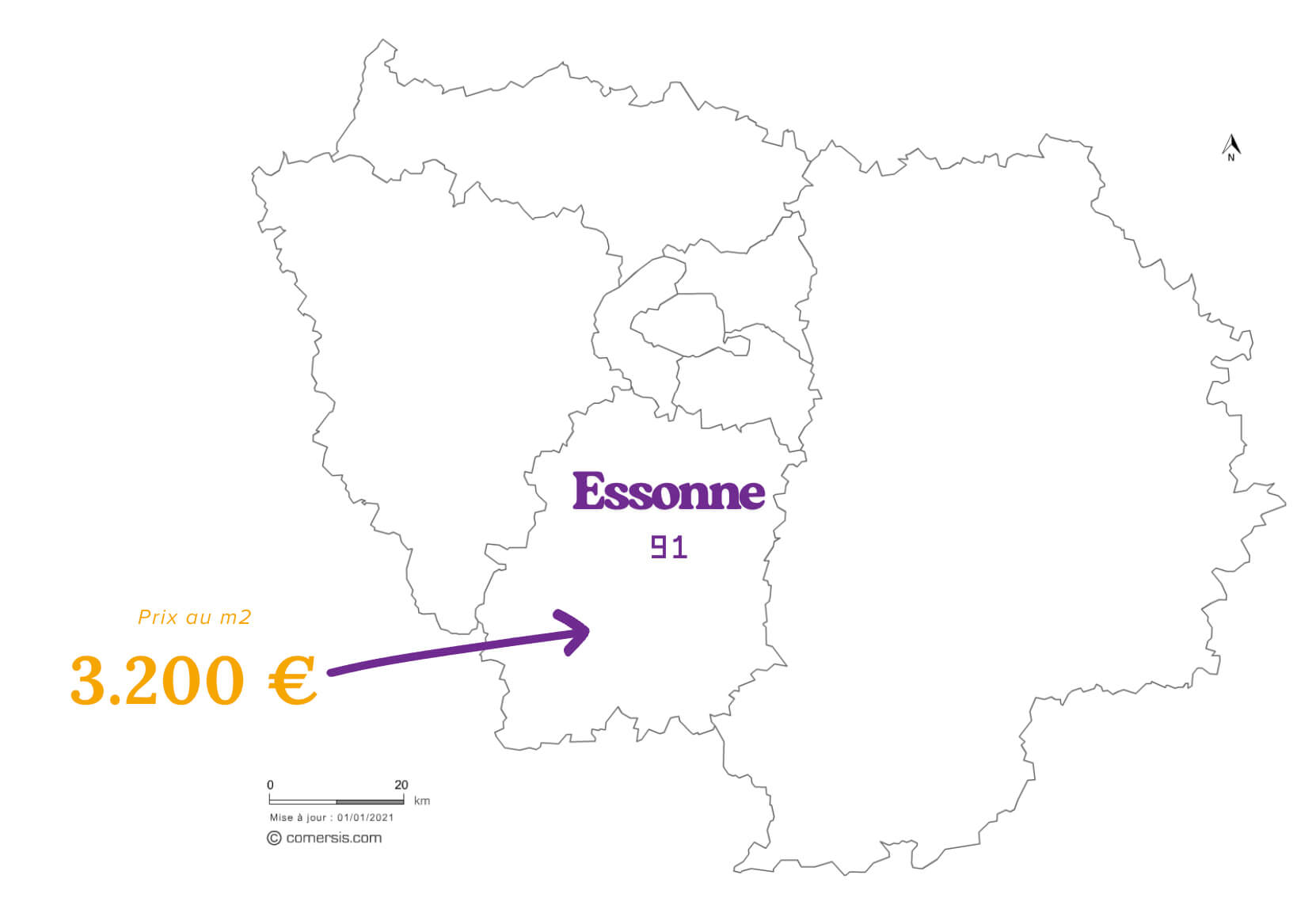 Carte de l’Essonne avec le prix au mètre carré