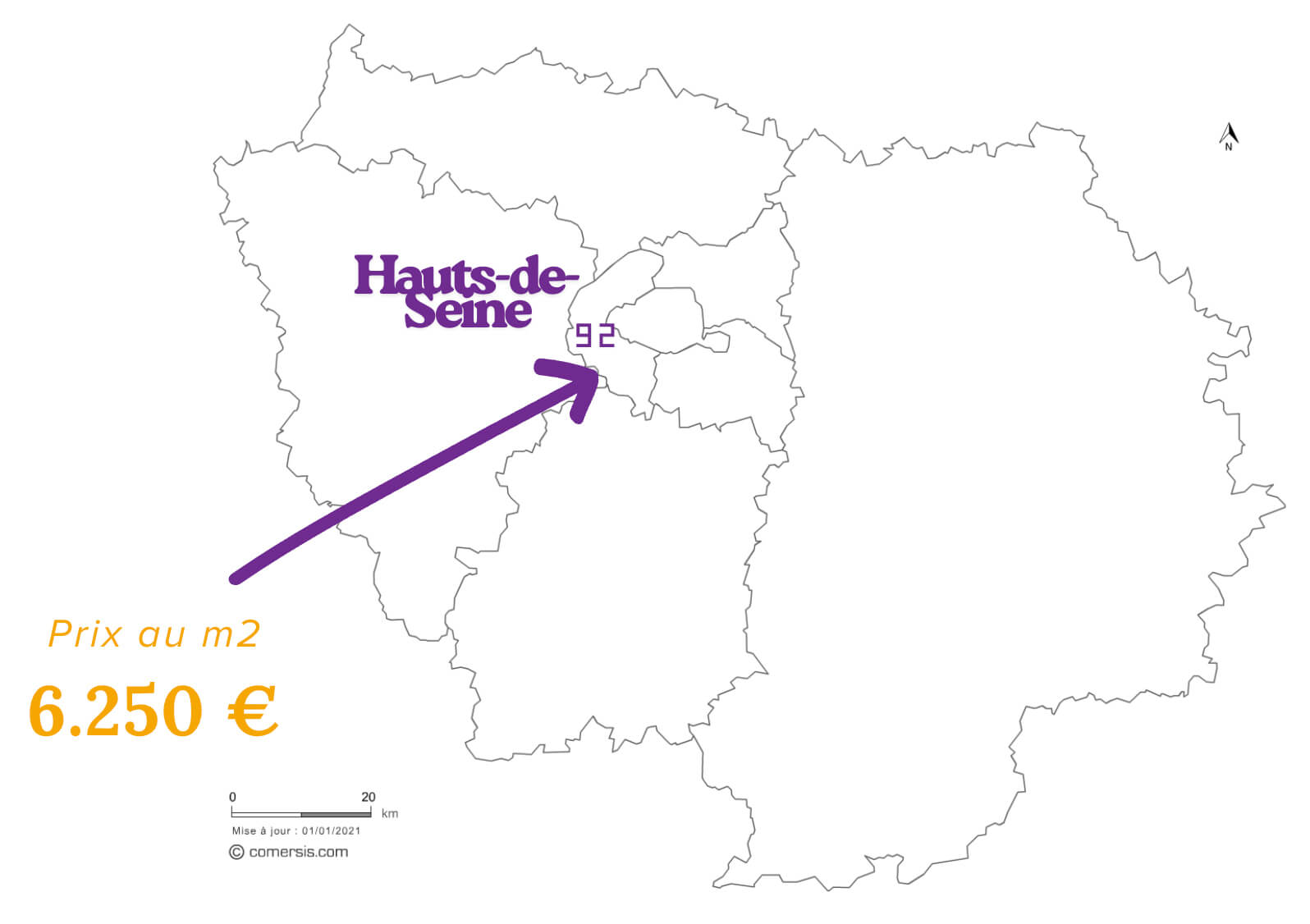 Carte des Hauts-de-Seine avec le prix au mètre carré