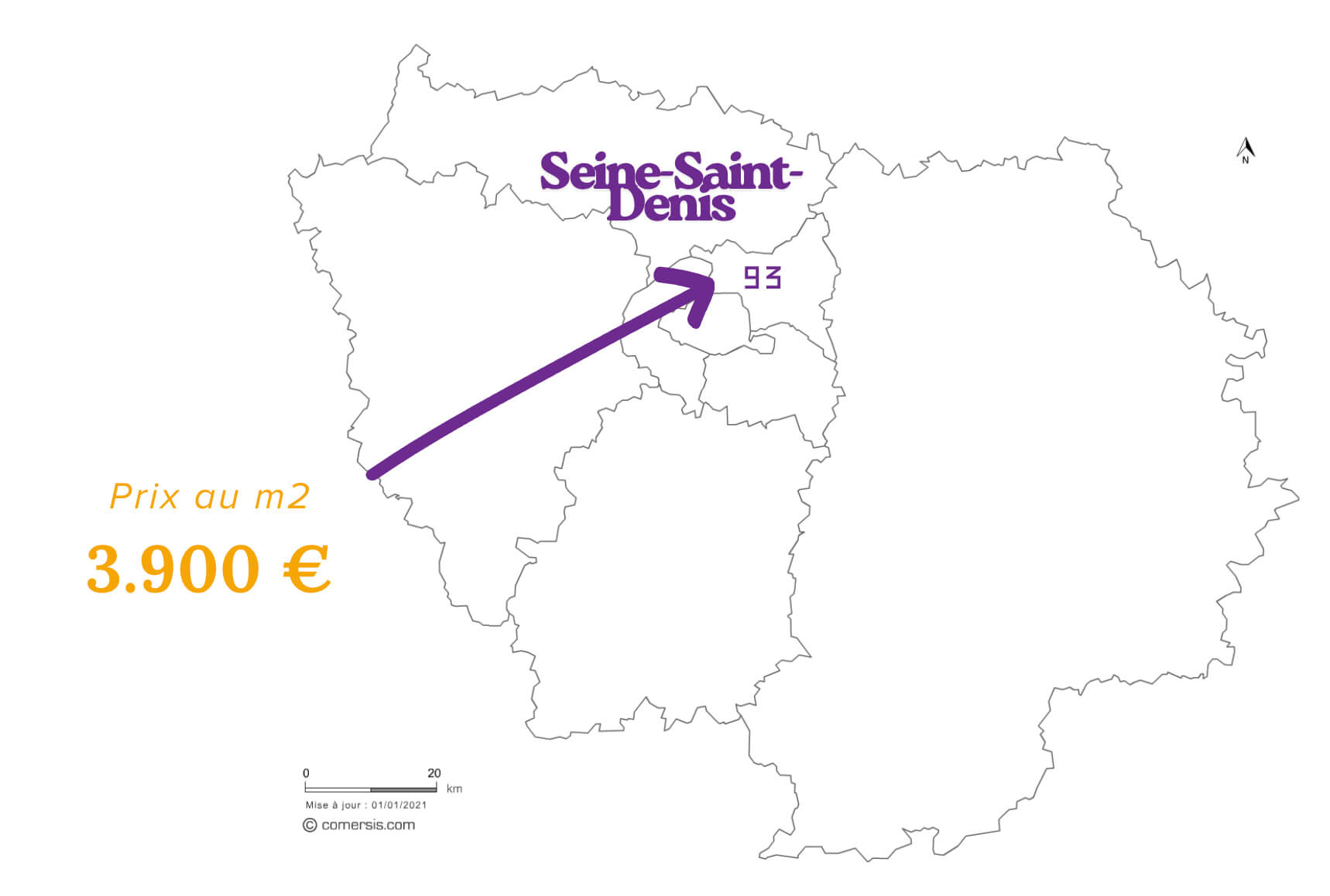 Carte de la Seine-Saint-Denis avec le prix au mètre carré
