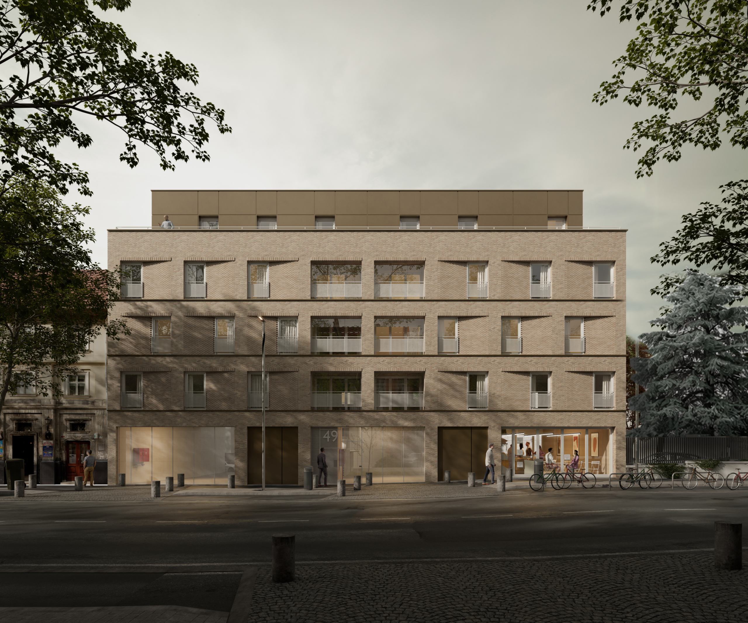 Façade principale de la Résidence Drouard à Houilles avec commerces en rez-de-chaussée